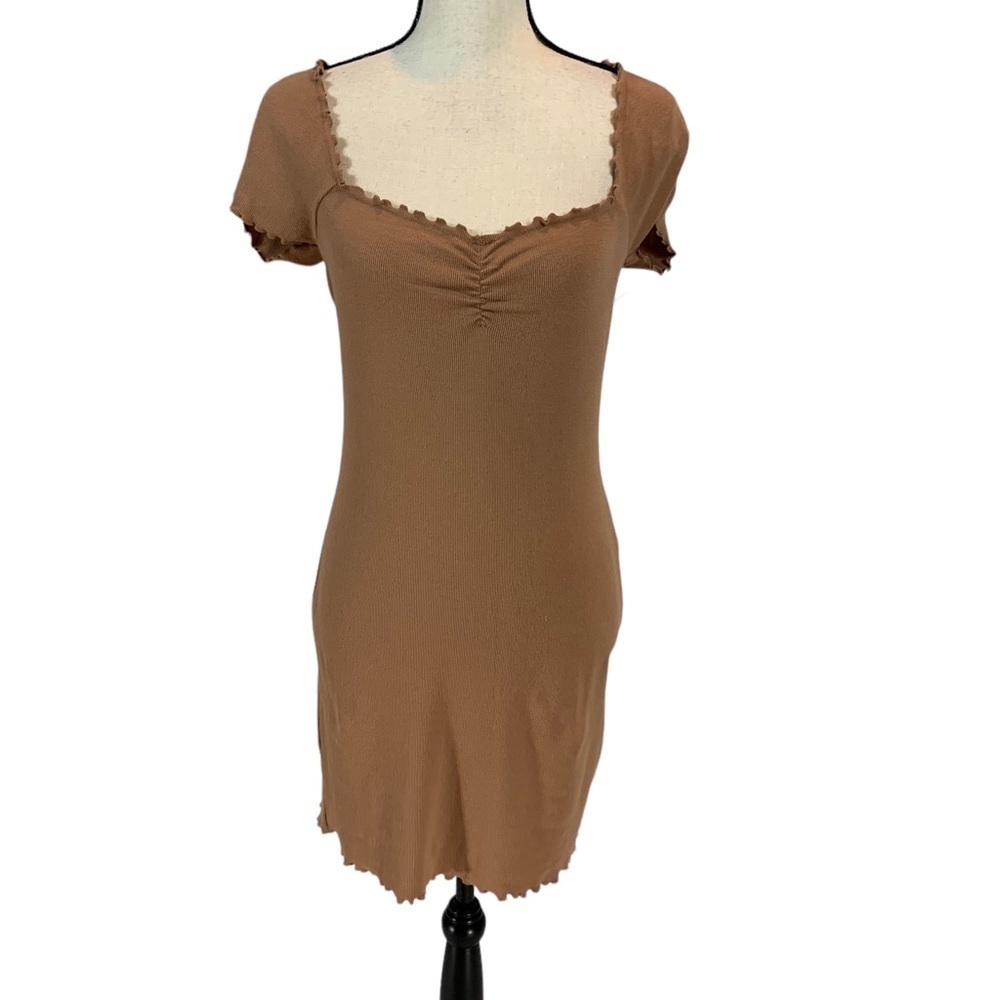 Abound Short Sleeve Ruffle Edge Trip Soft Mini Dress - Brown - size Small